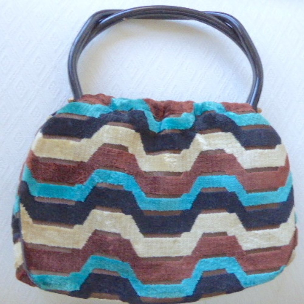 MORRIS MOSKOWITZ blue black cream TAPESTRY cut VELVET lucite handle BAG Vintage